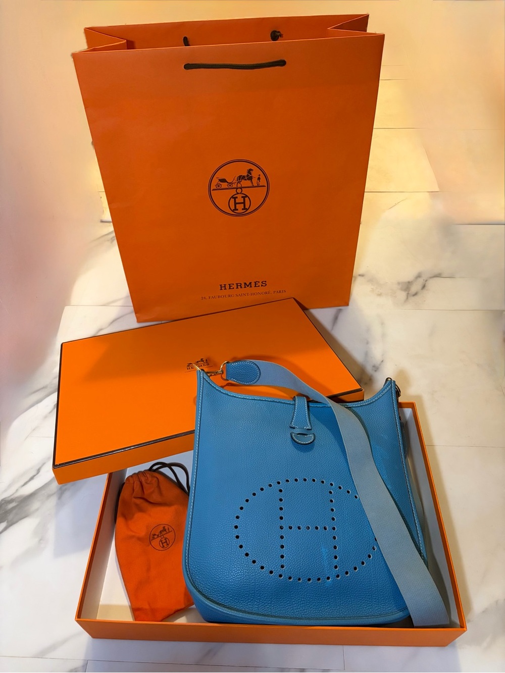 Authentic Hermes Evelyne PM Blue Jean